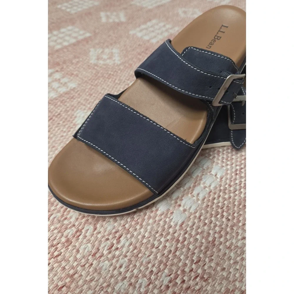 LL Bean Womens Sz 9 Leather Two Strap Blue Slide Sandals Eco Comfort 505874